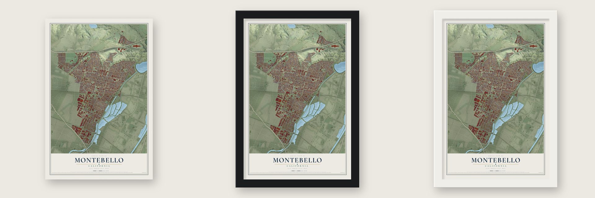 Montebello, California map unframed, in a black wood frame and in a white wood frame