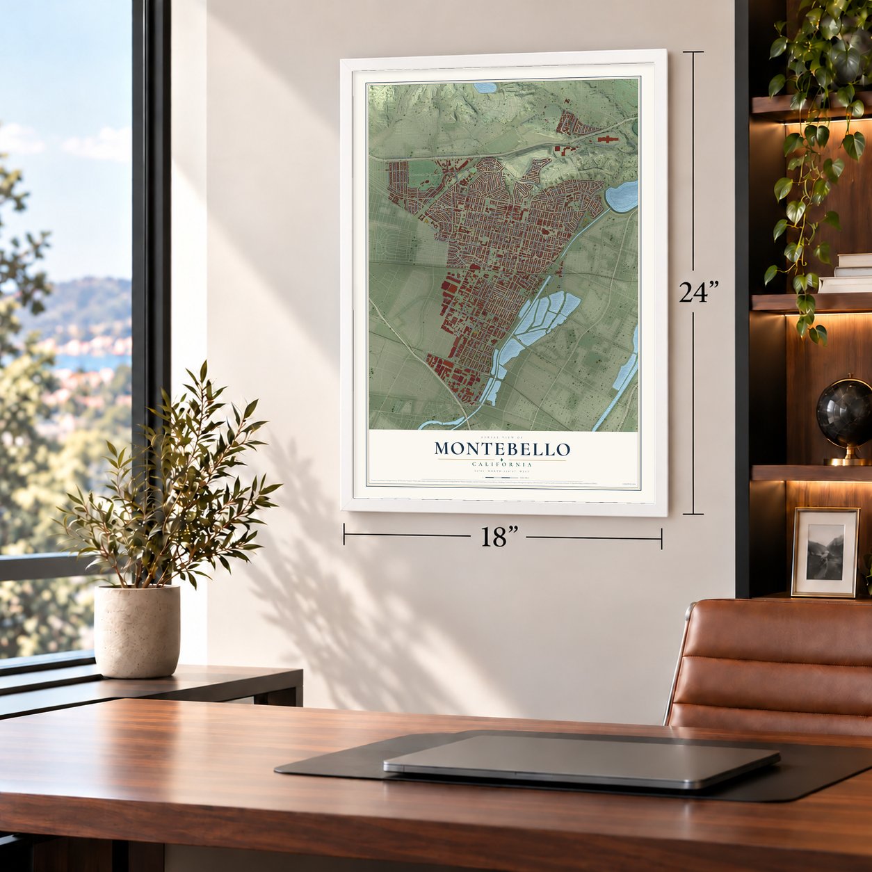 Montebello, California map, 18 x 24 inch print in a white frame in a home office