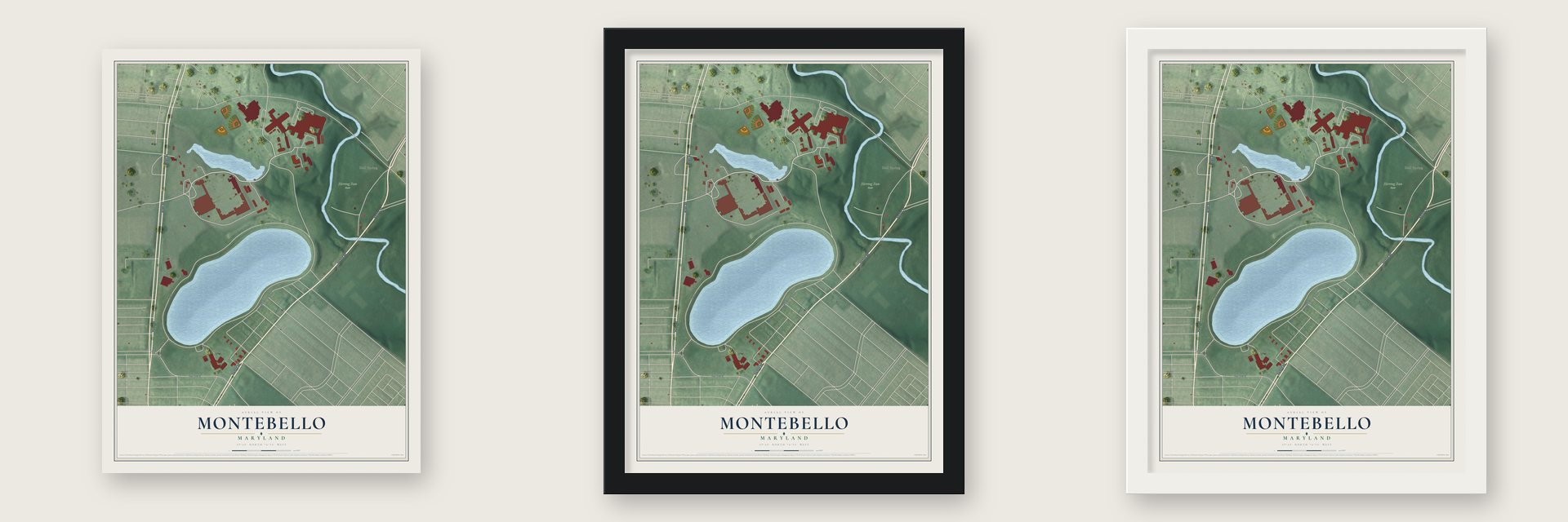 Montebello, Maryland map unframed, in a black wood frame and in a white wood frame