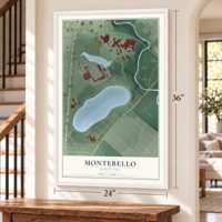 Montebello, Maryland map, 24 x 36 inch print in a white frame by a staircase