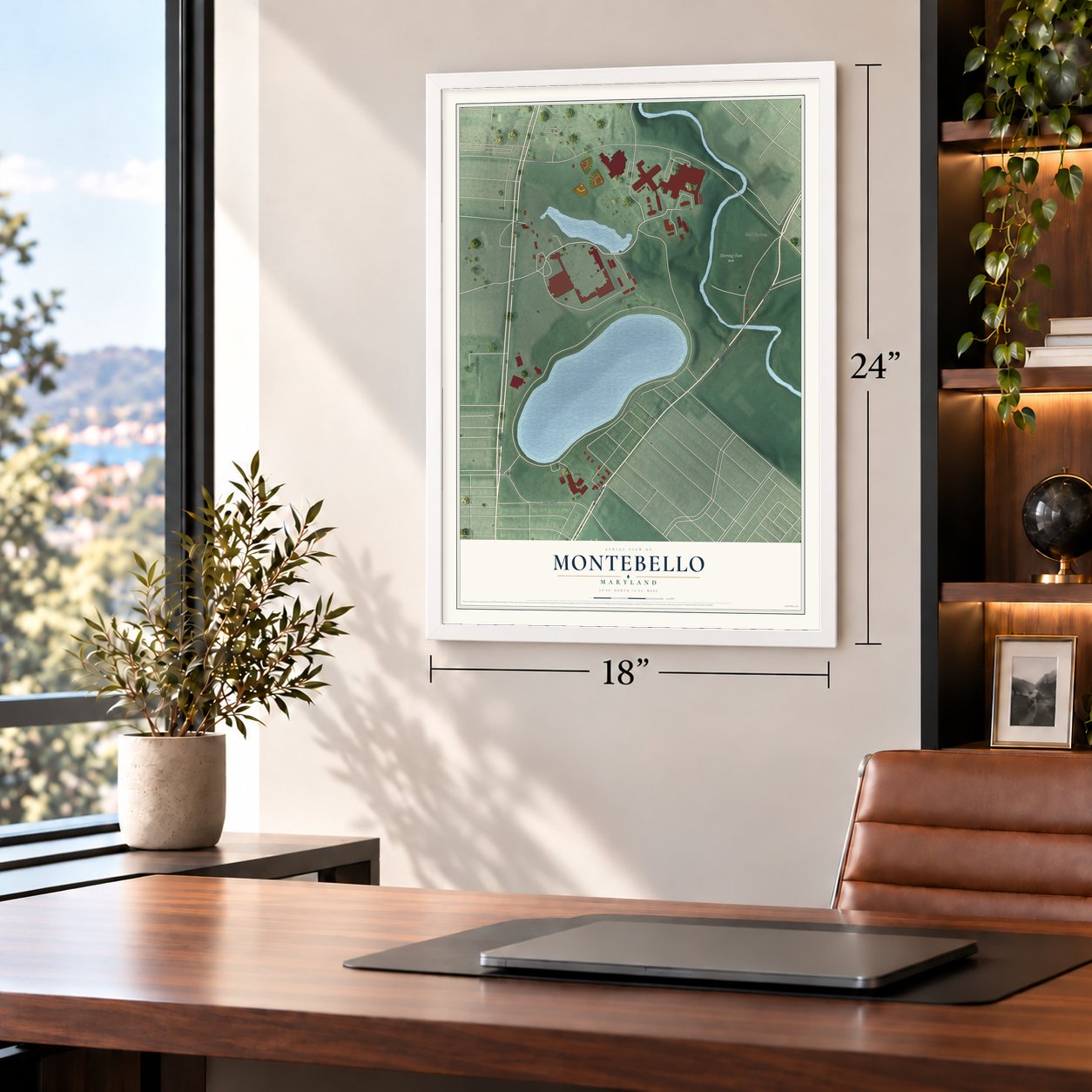 Montebello, Maryland map, 18 x 24 inch print in a white frame in a home office