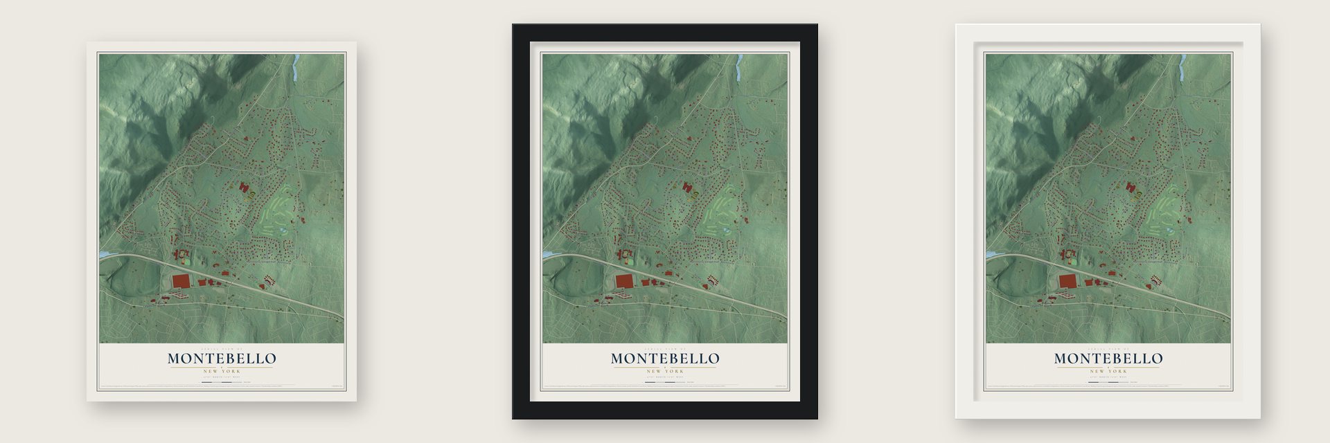 Montebello, New York map unframed, in a black wood frame and in a white wood frame