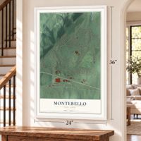 Montebello, New York map, 24 x 36 inch print in a white frame by a staircase