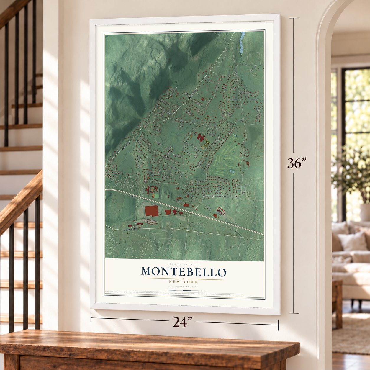 Montebello, New York map, 24 x 36 inch print in a white frame by a staircase