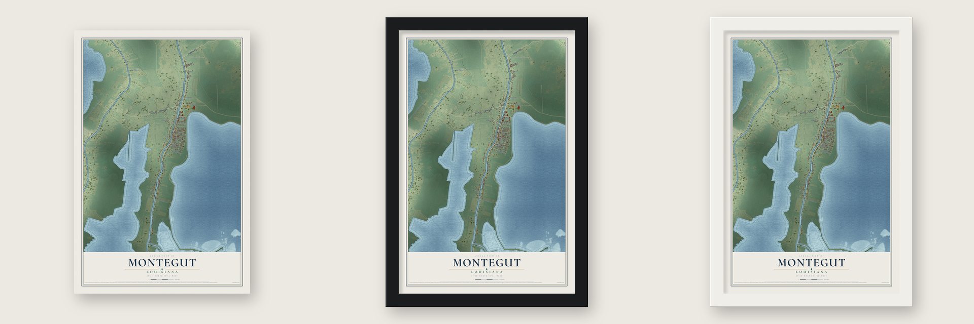 Montegut, Louisiana map unframed, in a black wood frame and in a white wood frame