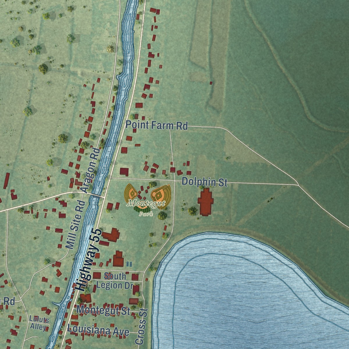 Second close-up of the map of Montegut, Louisiana print showing more streets and buildings