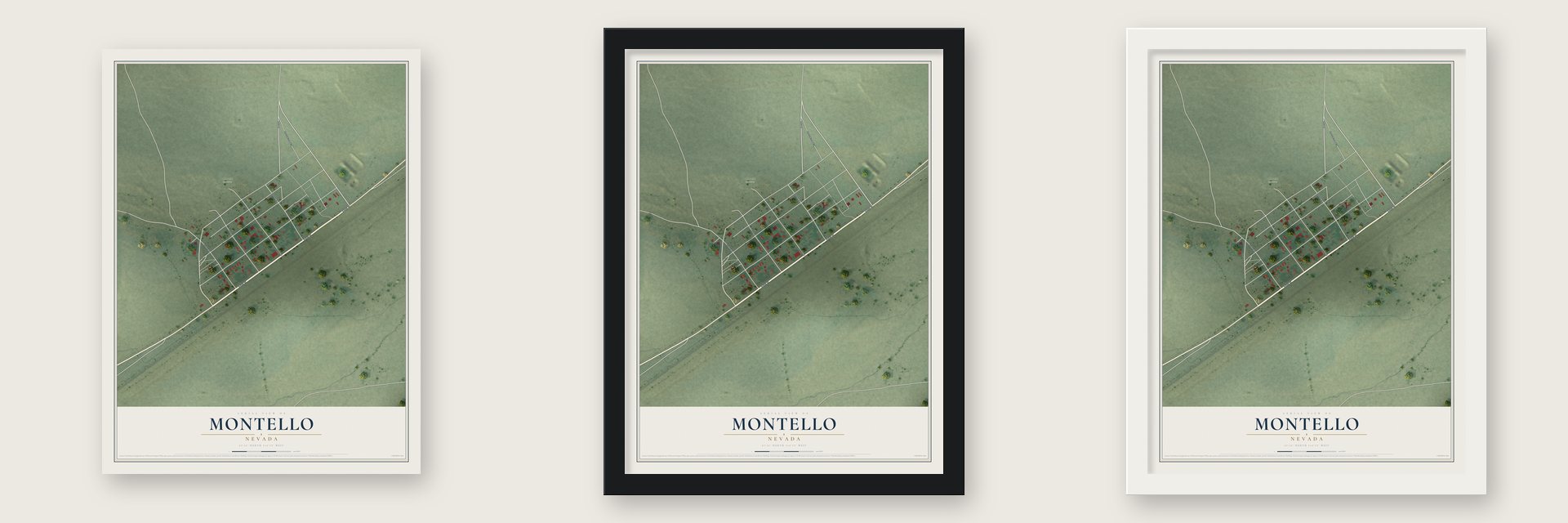 Montello, Nevada map unframed, in a black wood frame and in a white wood frame