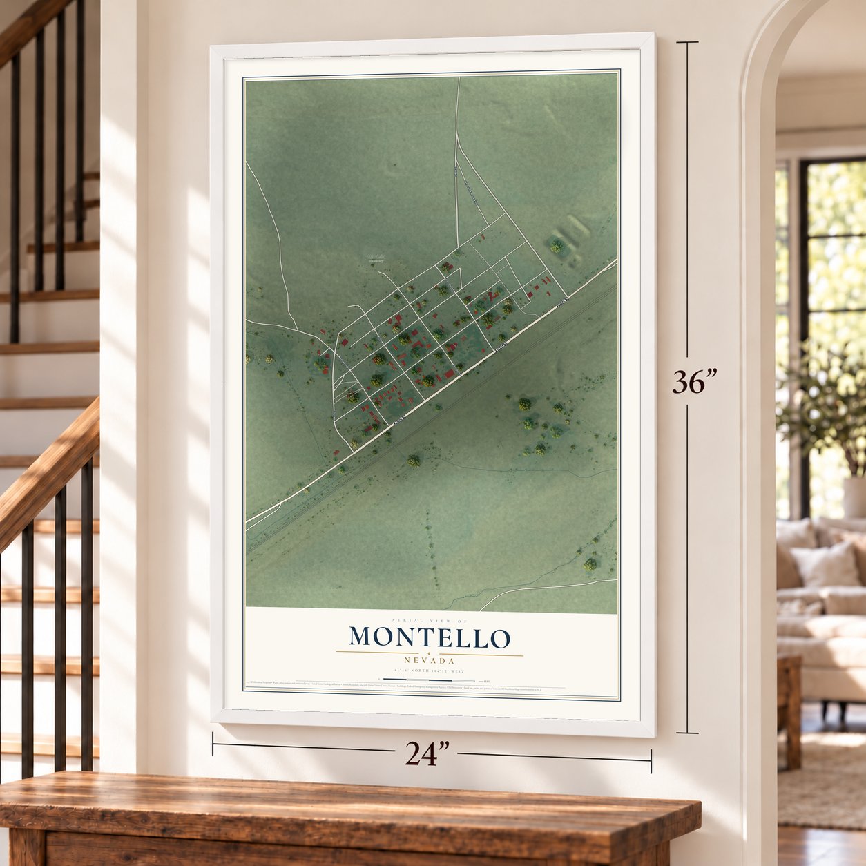 Montello, Nevada map, 24 x 36 inch print in a white frame by a staircase