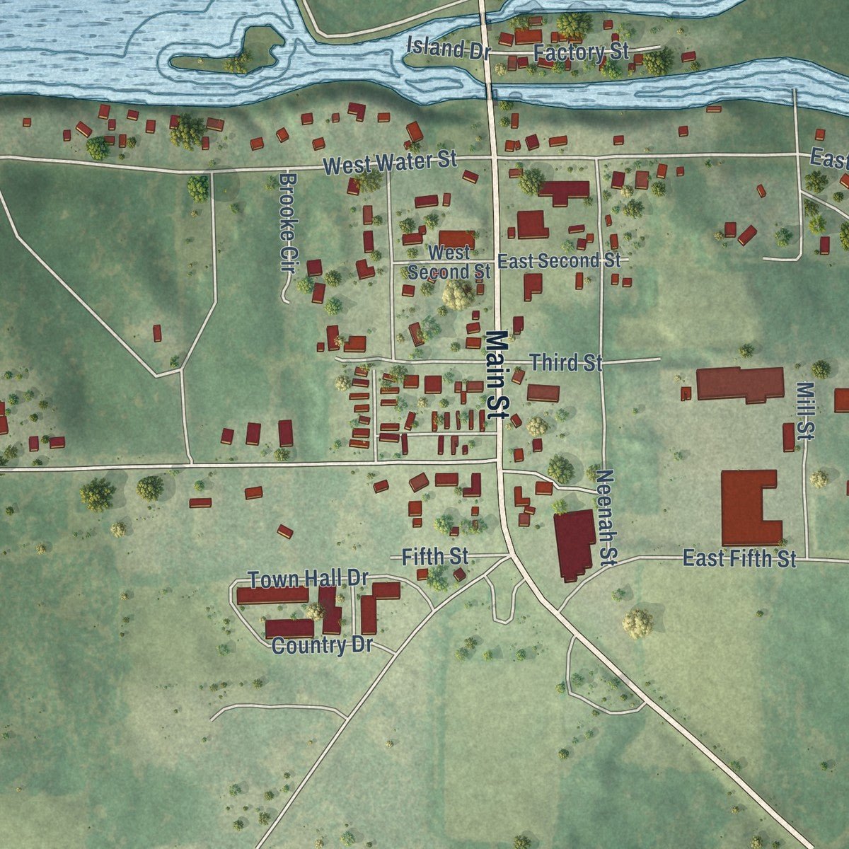 Second close-up of the map of Montello, Wisconsin print showing more streets and buildings