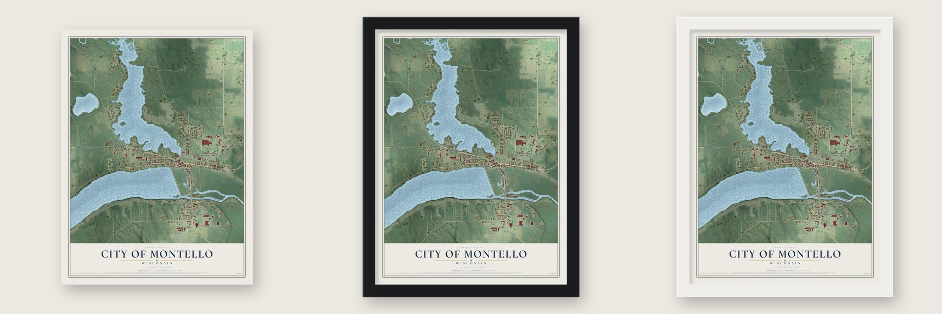 Montello, Wisconsin map unframed, in a black wood frame and in a white wood frame