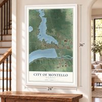 Montello, Wisconsin map, 24 x 36 inch print in a white frame by a staircase