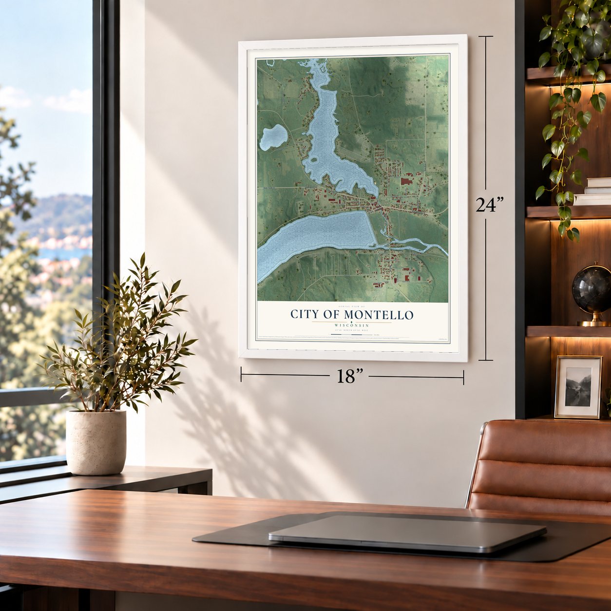 Montello, Wisconsin map, 18 x 24 inch print in a white frame in a home office
