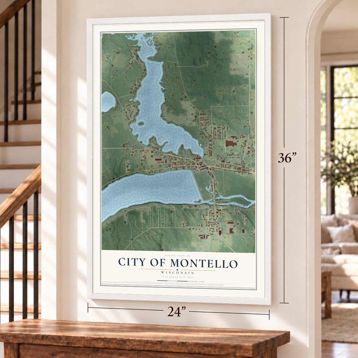 Montello, Wisconsin map, 24 x 36 inch print in a white frame by a staircase