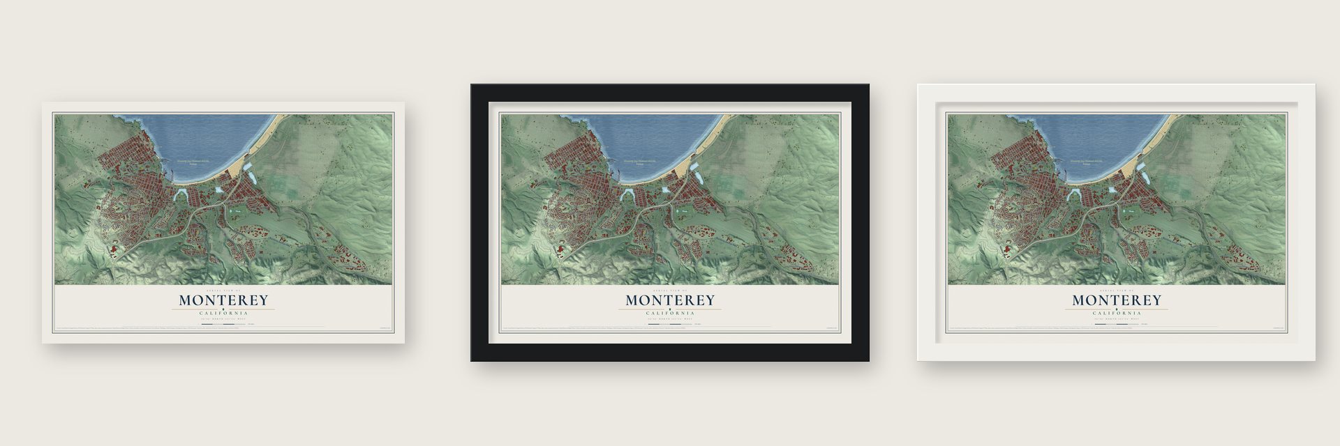 Monterey, California map unframed, in a black wood frame and in a white wood frame