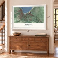 Monterey, California map, 24 x 36 inch print in a white frame above a dresser by a staircase