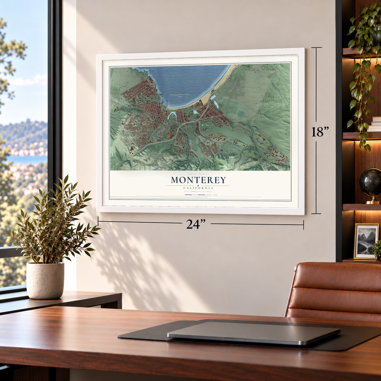 Monterey, California map, 18 x 24 inch print in a white frame in a home office