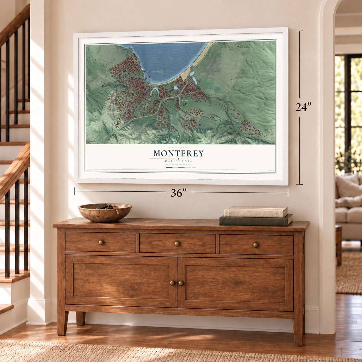 Monterey, California map, 24 x 36 inch print in a white frame above a dresser by a staircase