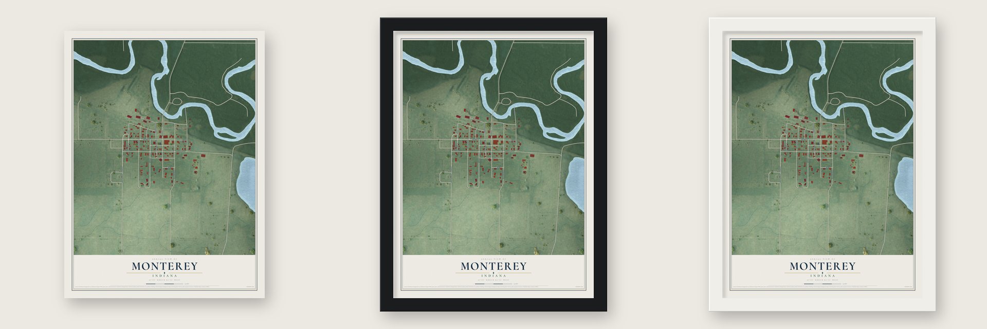 Monterey, Indiana map unframed, in a black wood frame and in a white wood frame