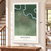 Monterey, Indiana map, 24 x 36 inch print in a white frame by a staircase
