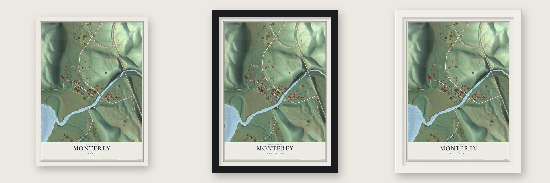 Monterey, Kentucky map unframed, in a black wood frame and in a white wood frame