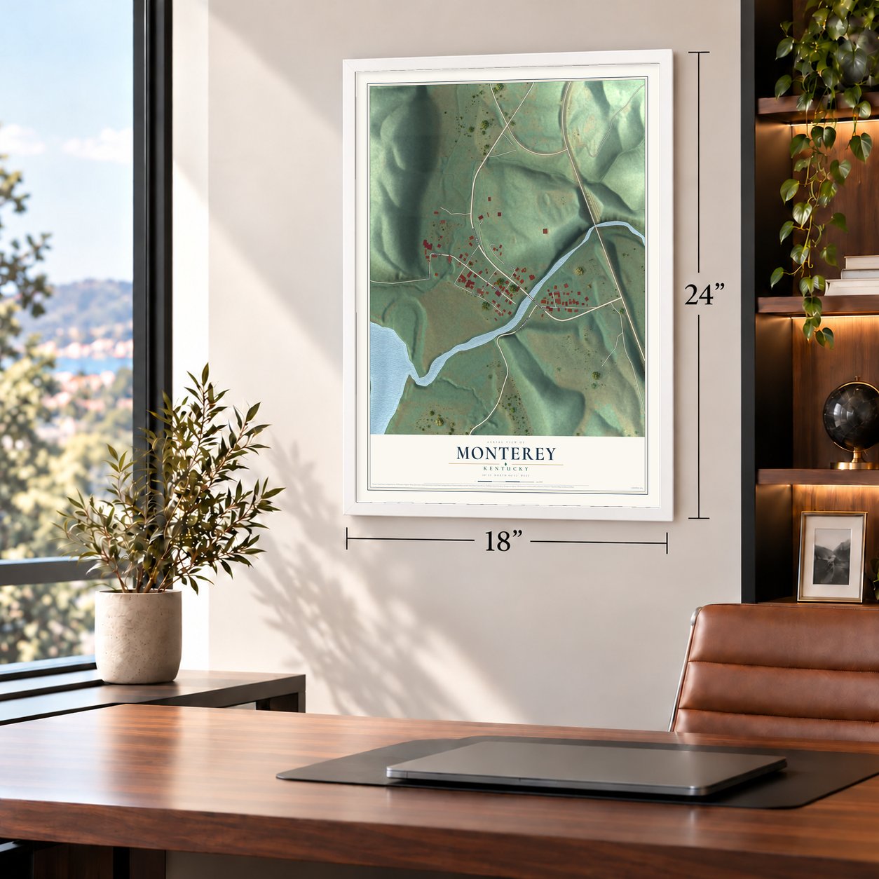 Monterey, Kentucky map, 18 x 24 inch print in a white frame in a home office