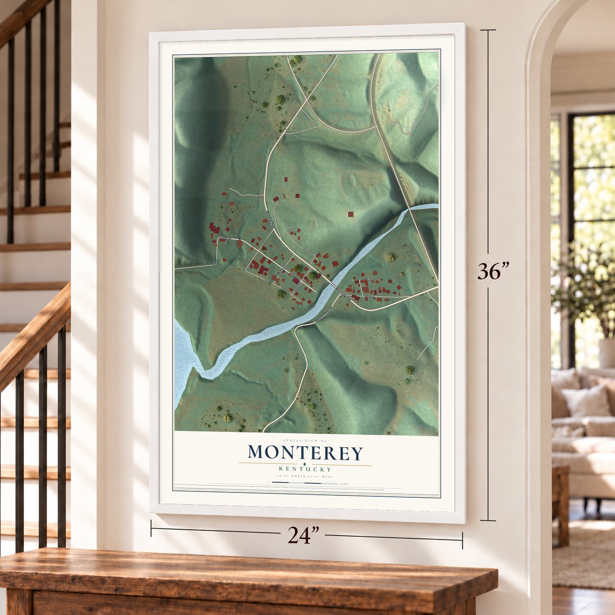 Monterey, Kentucky map, 24 x 36 inch print in a white frame by a staircase