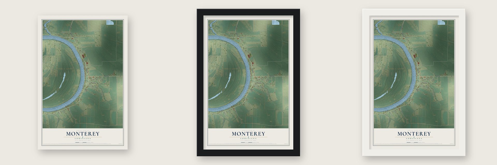 Monterey, Louisiana map unframed, in a black wood frame and in a white wood frame