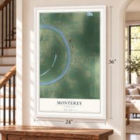 Monterey, Louisiana map, 24 x 36 inch print in a white frame by a staircase