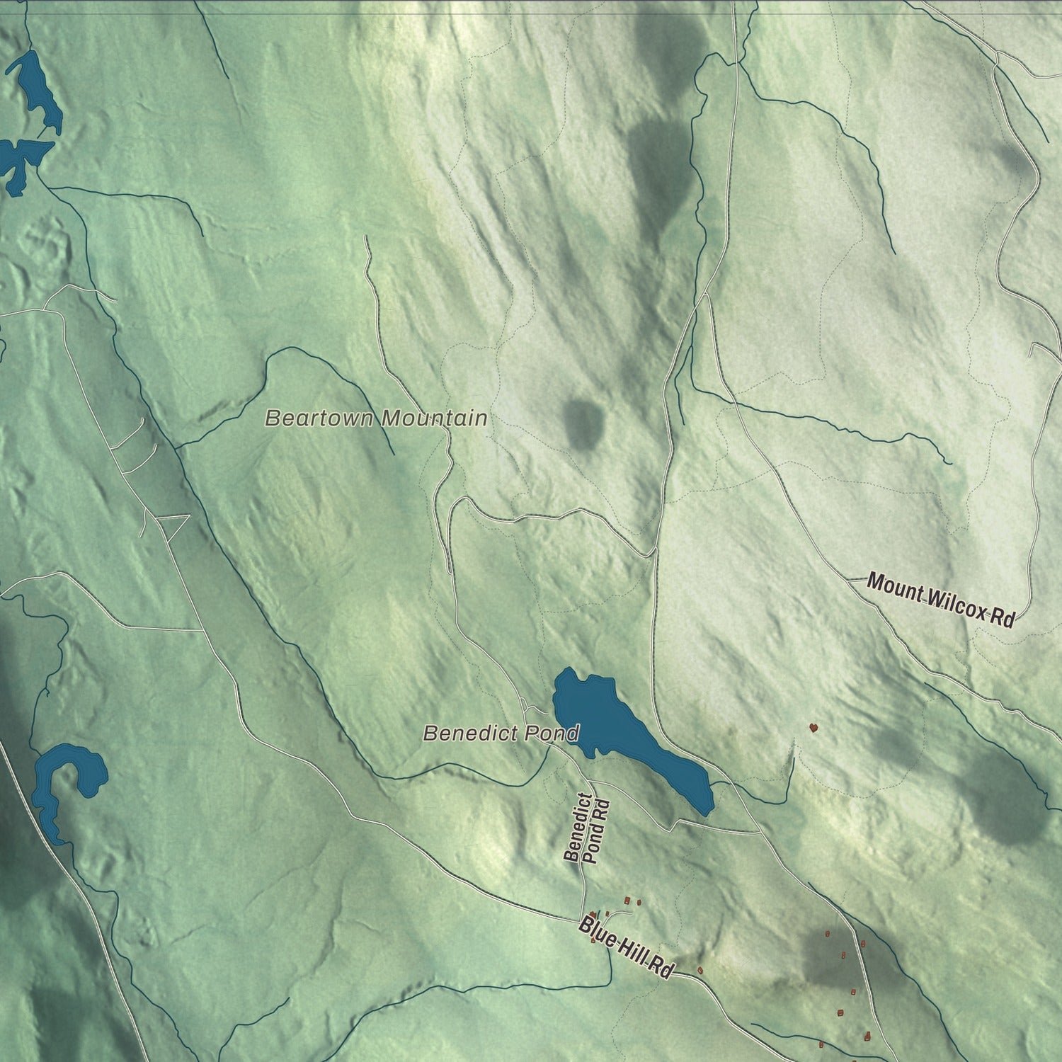 Close-up of the map of Monterey, Massachusetts print showing terrain and local geography