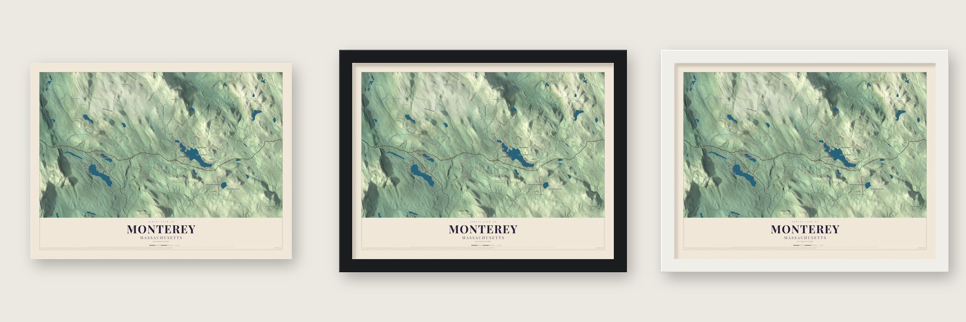 Monterey, Massachusetts map unframed, in a black wood frame and in a white wood frame
