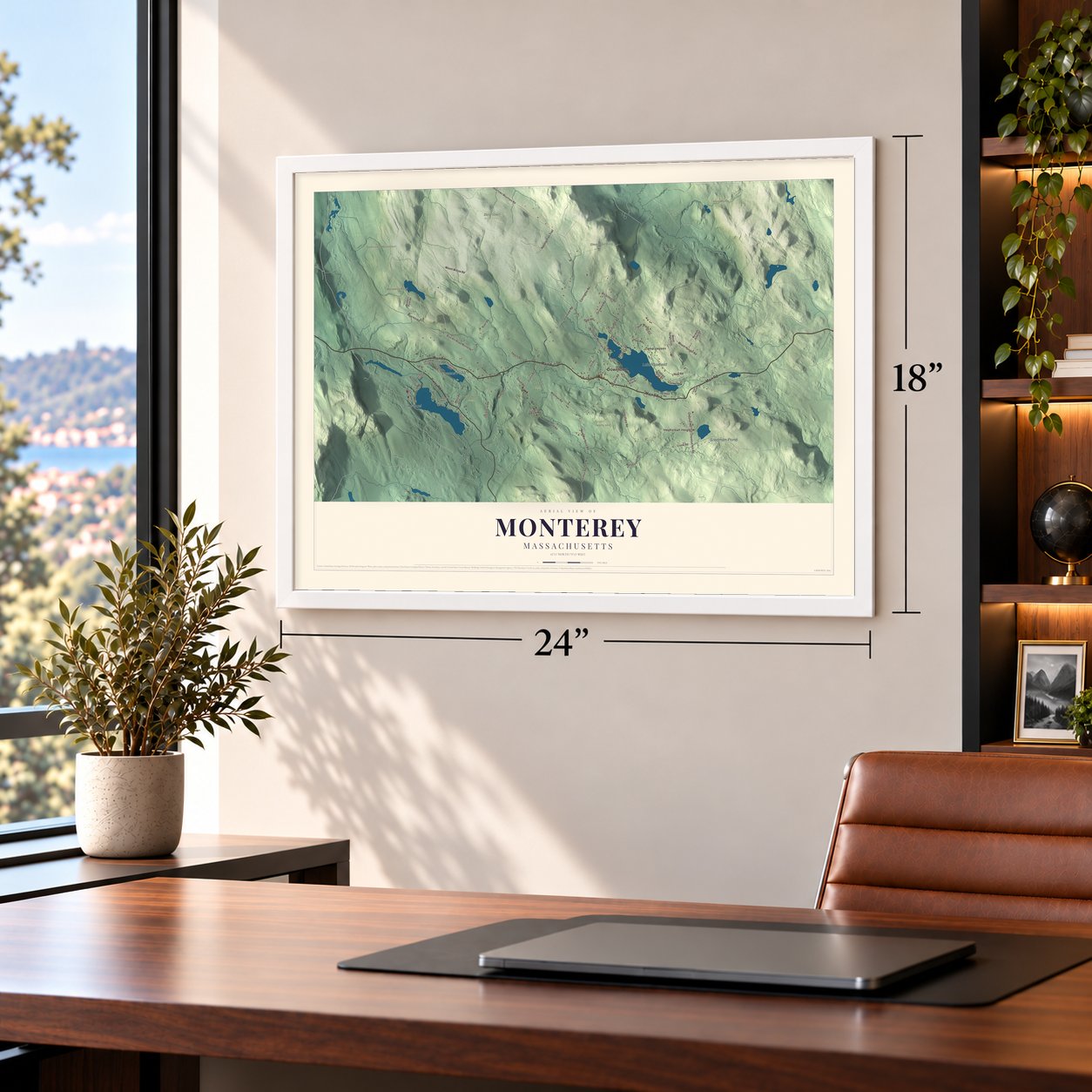Monterey, Massachusetts map, 18 x 24 inch print in a white frame in a home office