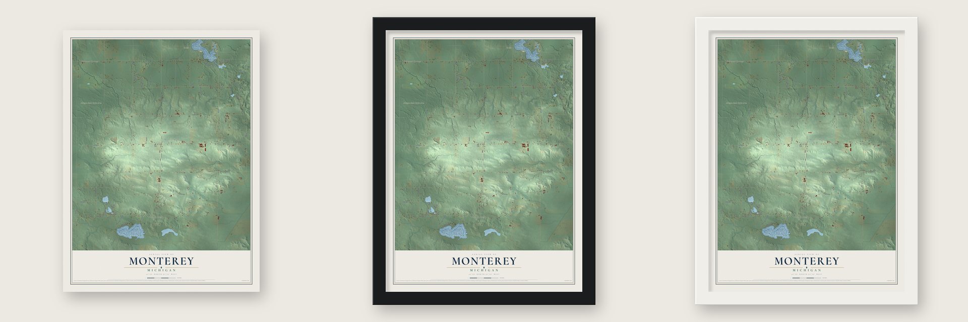 Monterey, Michigan map unframed, in a black wood frame and in a white wood frame