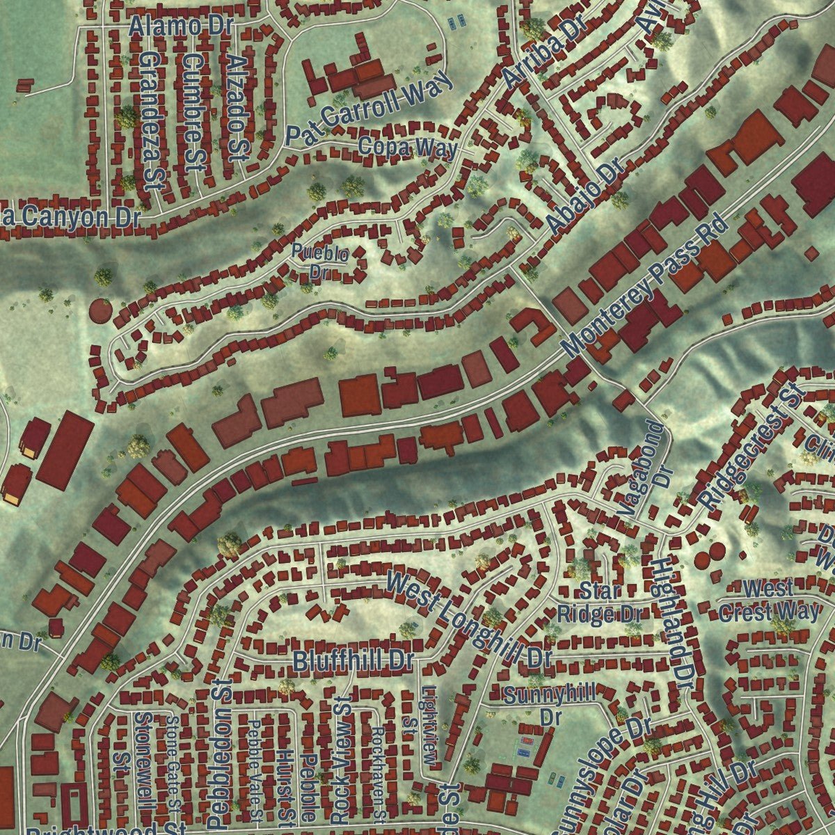 Second close-up of the map of Monterey Park, California print showing more streets and buildings