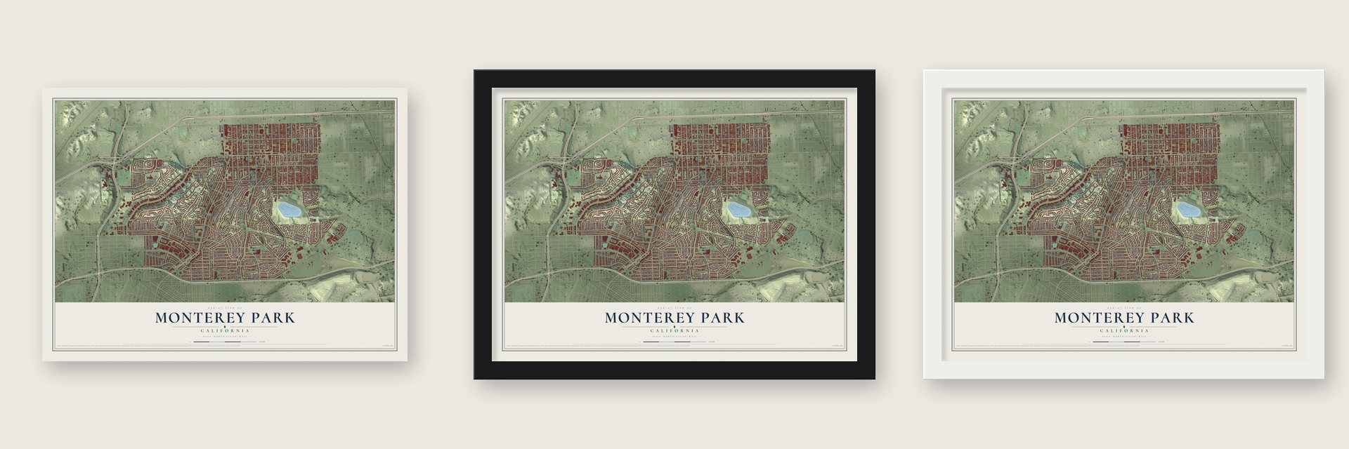 Monterey Park, California map unframed, in a black wood frame and in a white wood frame