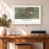 Monterey Park, California map, 12 x 18 inch print in a white frame in an entryway