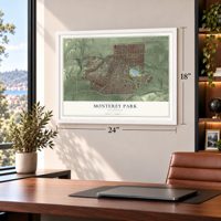 Monterey Park, California map, 18 x 24 inch print in a white frame in a home office