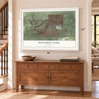 Monterey Park, California map, 24 x 36 inch print in a white frame above a dresser by a staircase