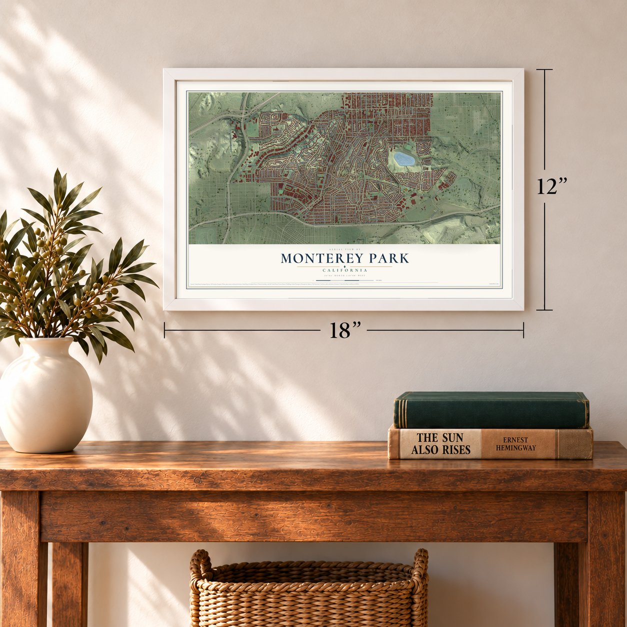 Monterey Park, California map, 12 x 18 inch print in a white frame in an entryway