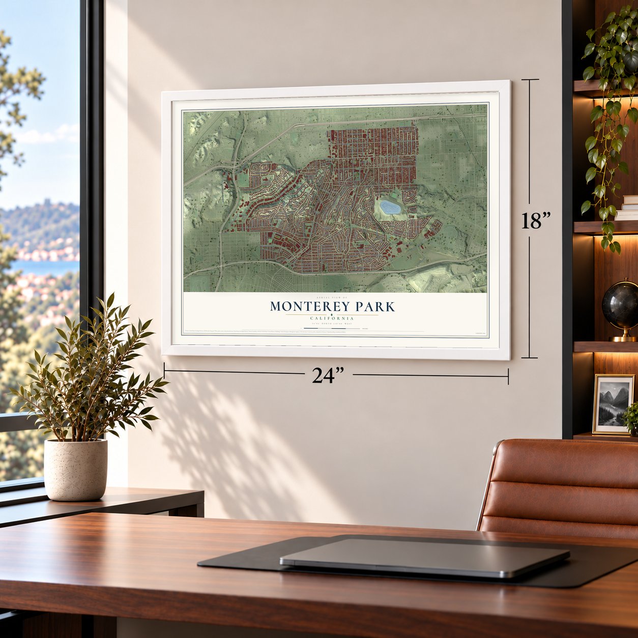Monterey Park, California map, 18 x 24 inch print in a white frame in a home office