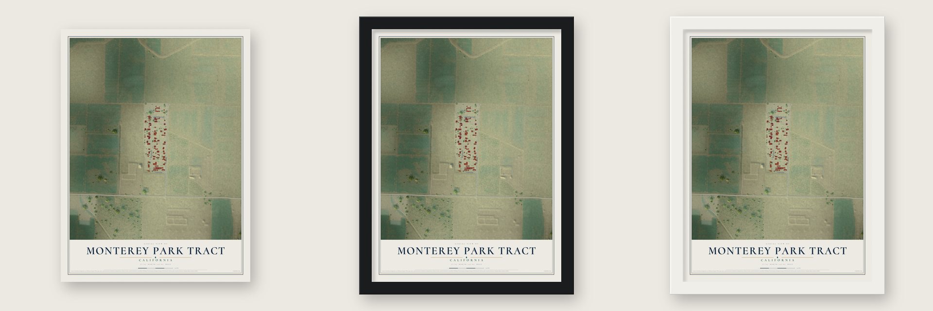 Monterey Park Tract, California map unframed, in a black wood frame and in a white wood frame