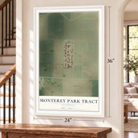Monterey Park Tract, California map, 24 x 36 inch print in a white frame by a staircase