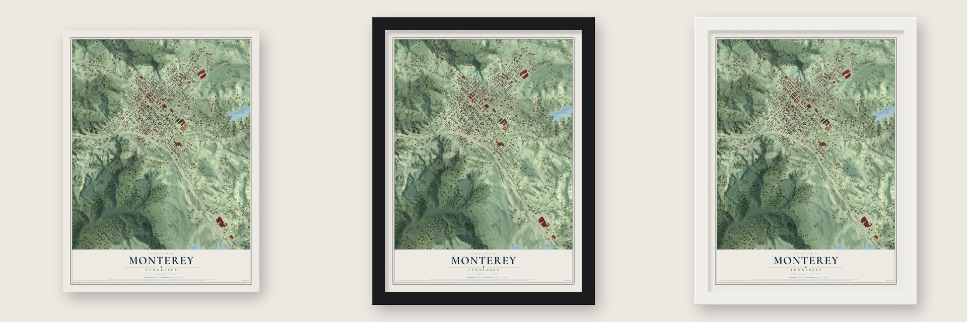 Monterey, Tennessee map unframed, in a black wood frame and in a white wood frame