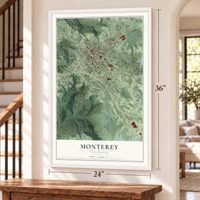 Monterey, Tennessee map, 24 x 36 inch print in a white frame by a staircase