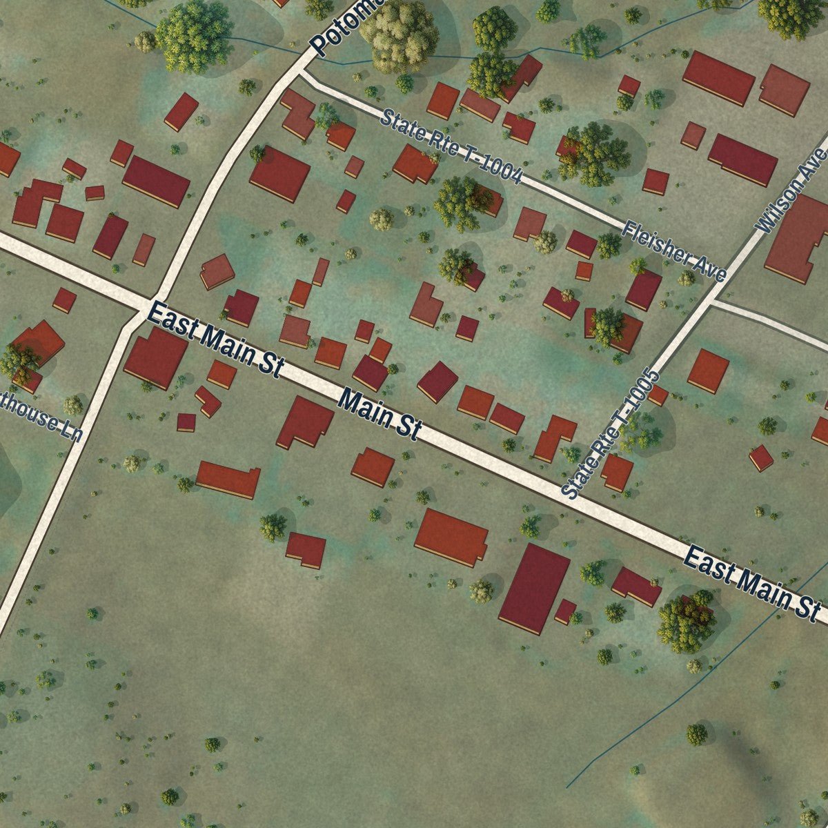 Second close-up of the map of Monterey, Virginia print showing more streets and buildings