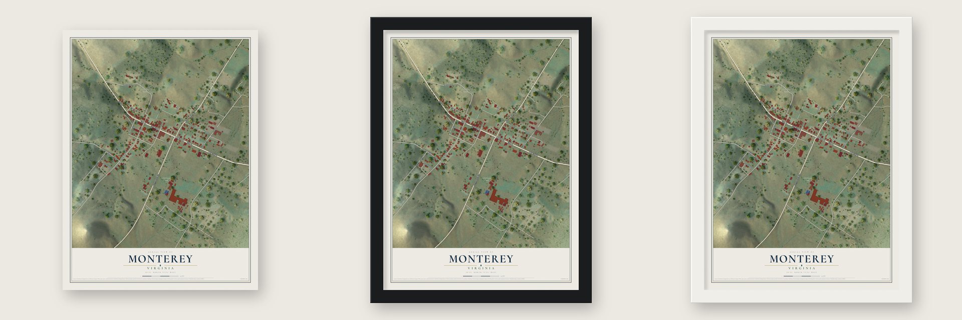 Monterey, Virginia map unframed, in a black wood frame and in a white wood frame