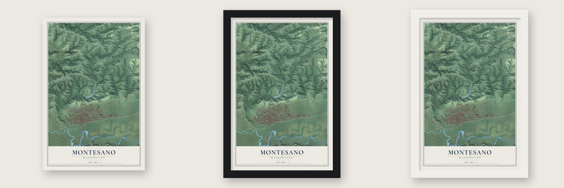Montesano, Washington map unframed, in a black wood frame and in a white wood frame