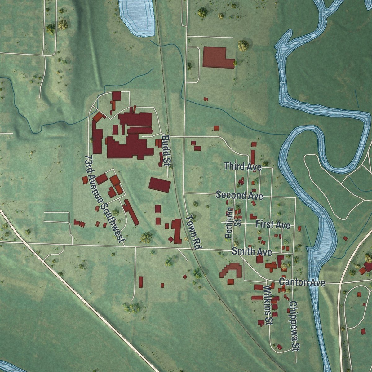 Second close-up of the map of Montevideo, Minnesota print showing more streets and buildings