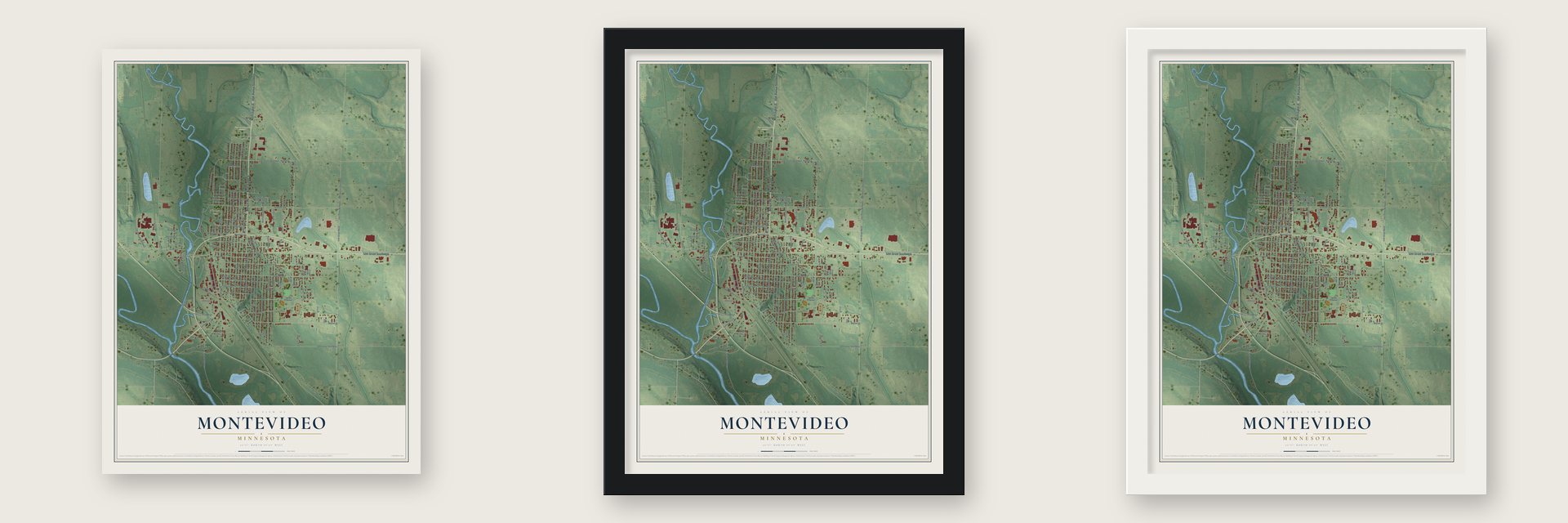 Montevideo, Minnesota map unframed, in a black wood frame and in a white wood frame