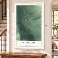 Montezuma, Colorado map, 24 x 36 inch print in a white frame by a staircase