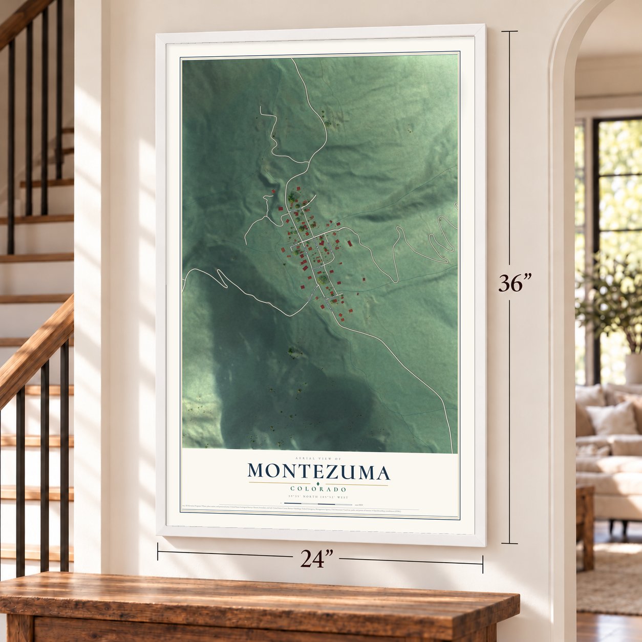 Montezuma, Colorado map, 24 x 36 inch print in a white frame by a staircase